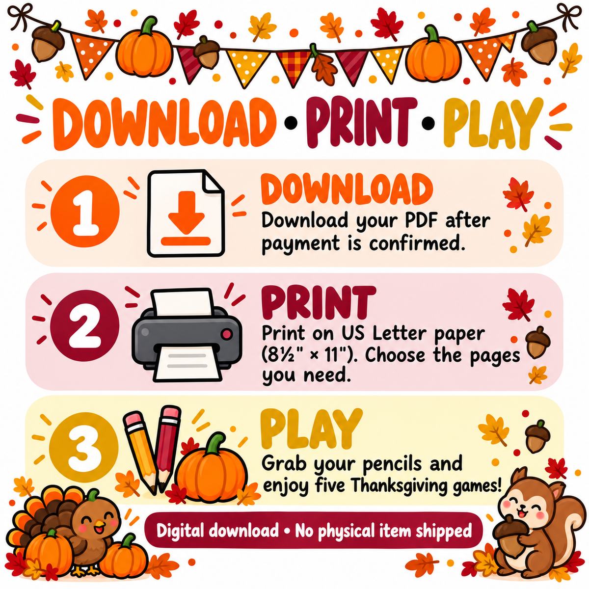 Thanksgiving Printable Games for Kids – 5-Game Bundle