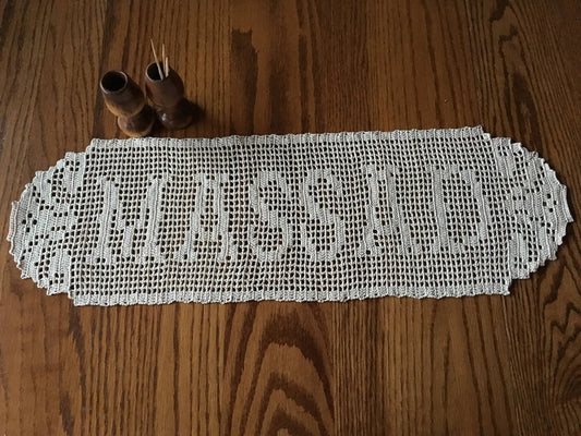 Personalized Crochet Name Doily – Handmade Filet Lace Table Runner