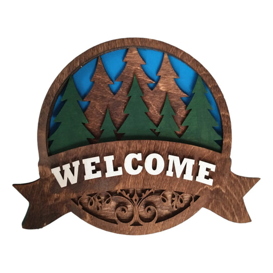Forest Welcome Sign – Rustic Cabin Pine Tree Wall Decor – Layered Wood Woodland Welcome Sign