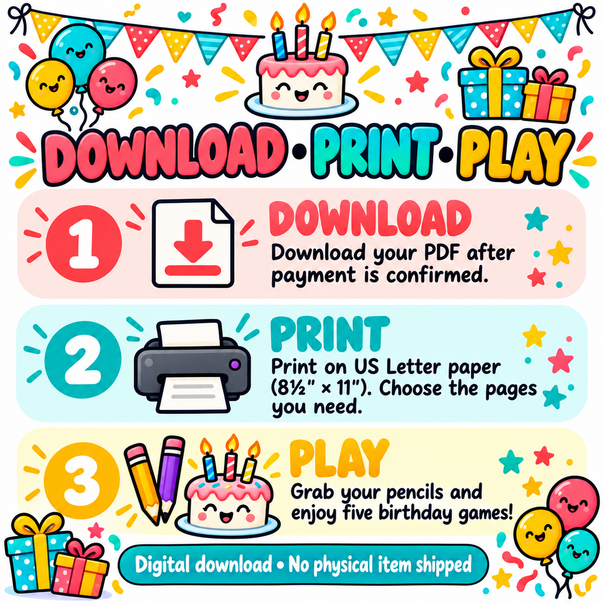 Kids Birthday Party Game Bundle – 5 Printable Games