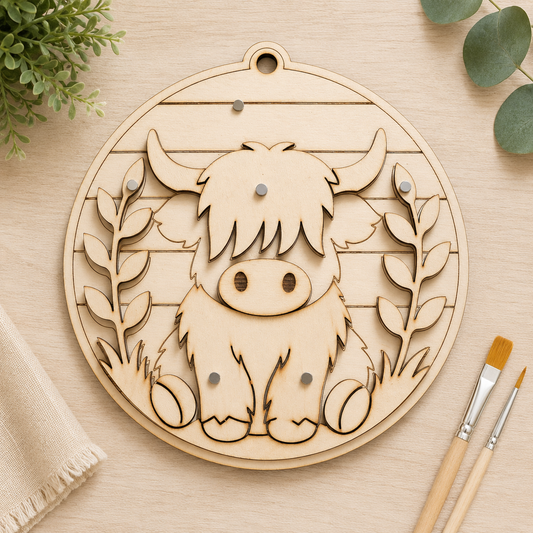 Highland Cow Interchangeable Base – Unfinished Wood DIY Craft