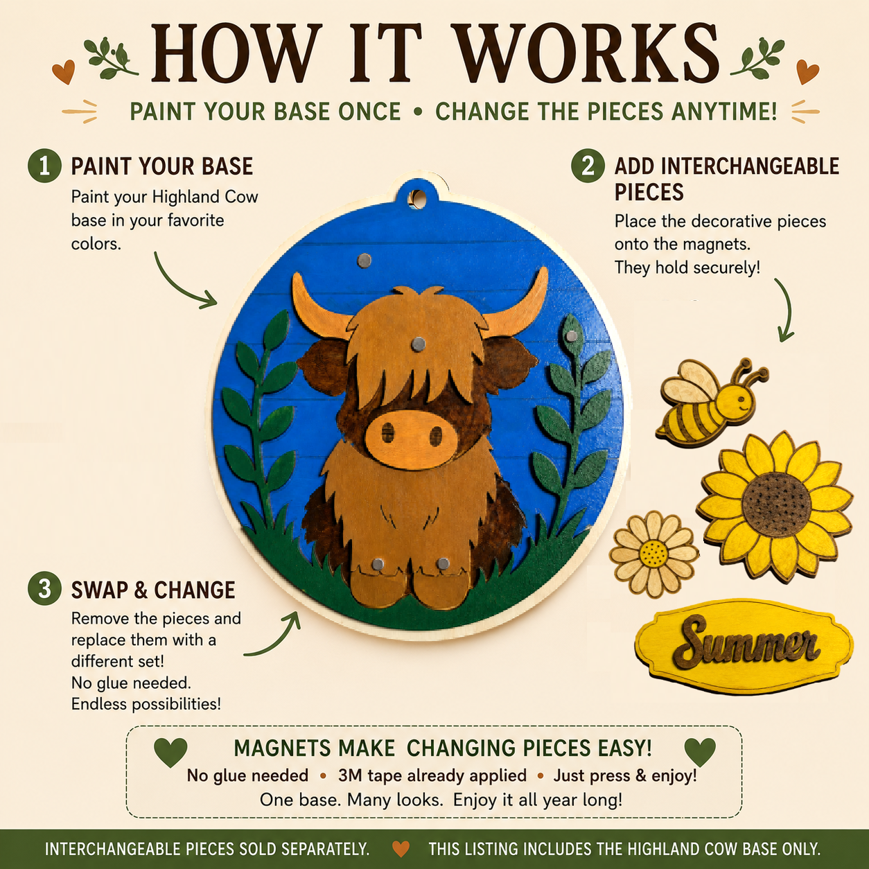 Highland Cow Interchangeable Base – Unfinished Wood DIY Craft