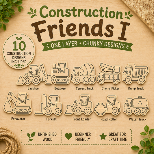 Construction Friends I – Unfinished Wood Construction Vehicle Set