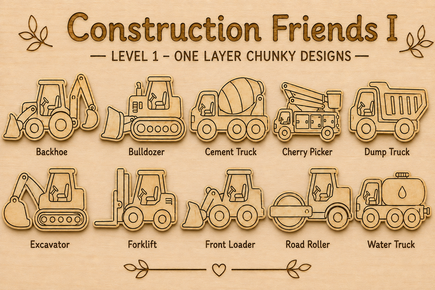 Construction Friends I – Unfinished Wood Construction Vehicle Set