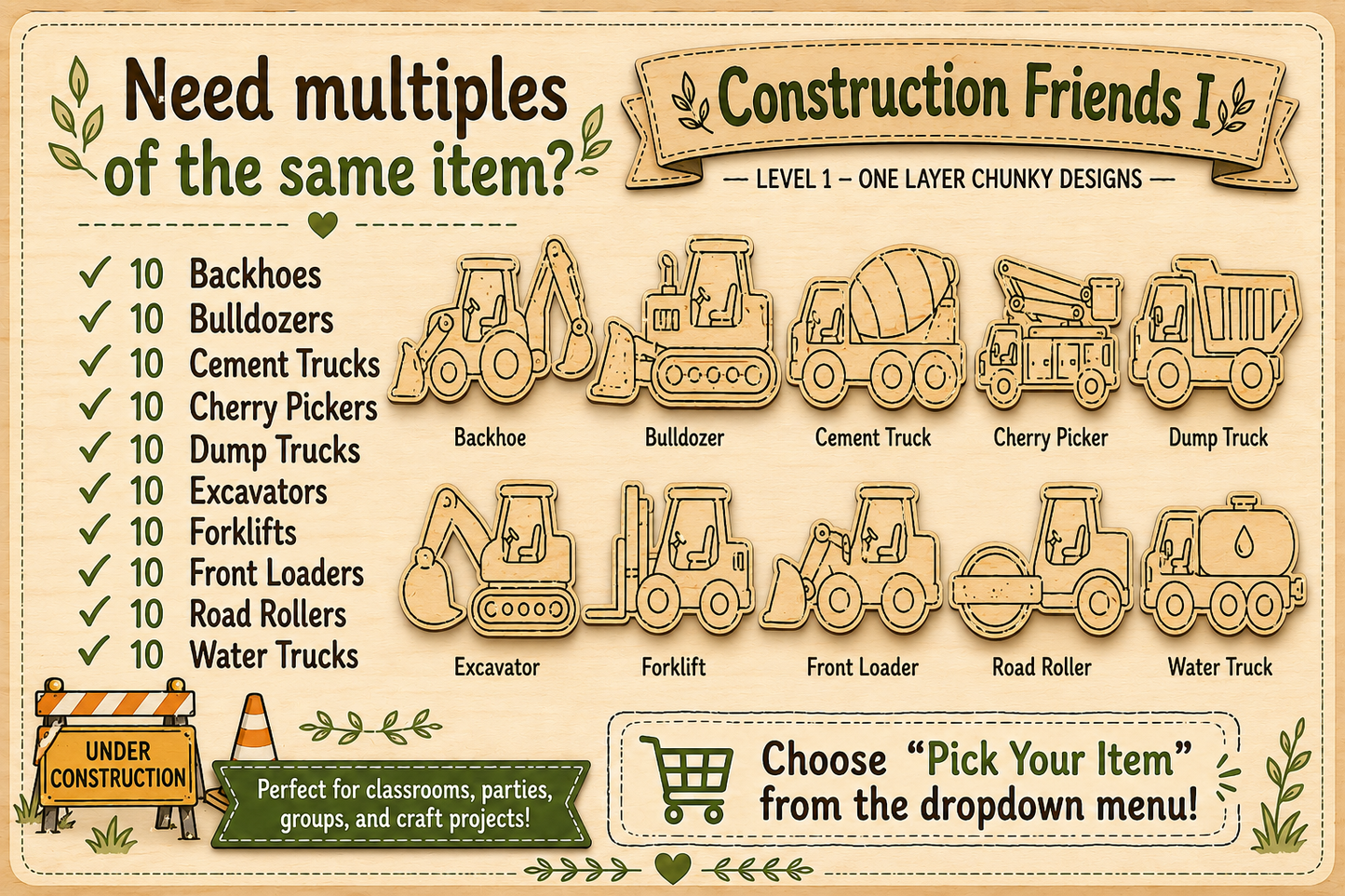 Construction Friends I – Unfinished Wood Construction Vehicle Set