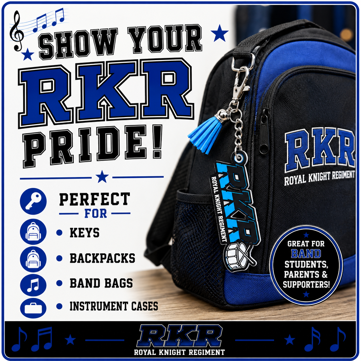 RKR Royal Knight Regiment Personalized Keychain or Bag Tag | Band Instrument Keychain | Marching Band Fundraiser