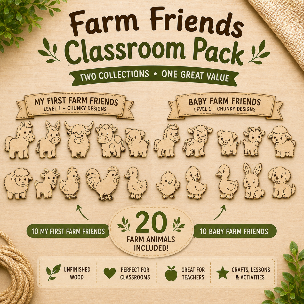 Farm Friends Classroom Pack | 20 Unfinished Wood Farm Animals