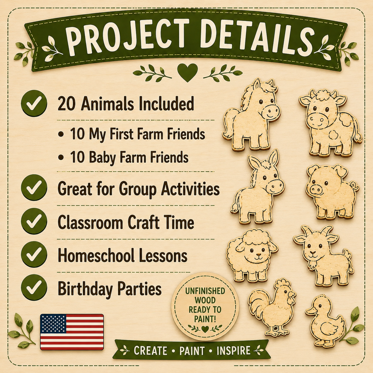 Farm Friends Classroom Pack | 20 Unfinished Wood Farm Animals