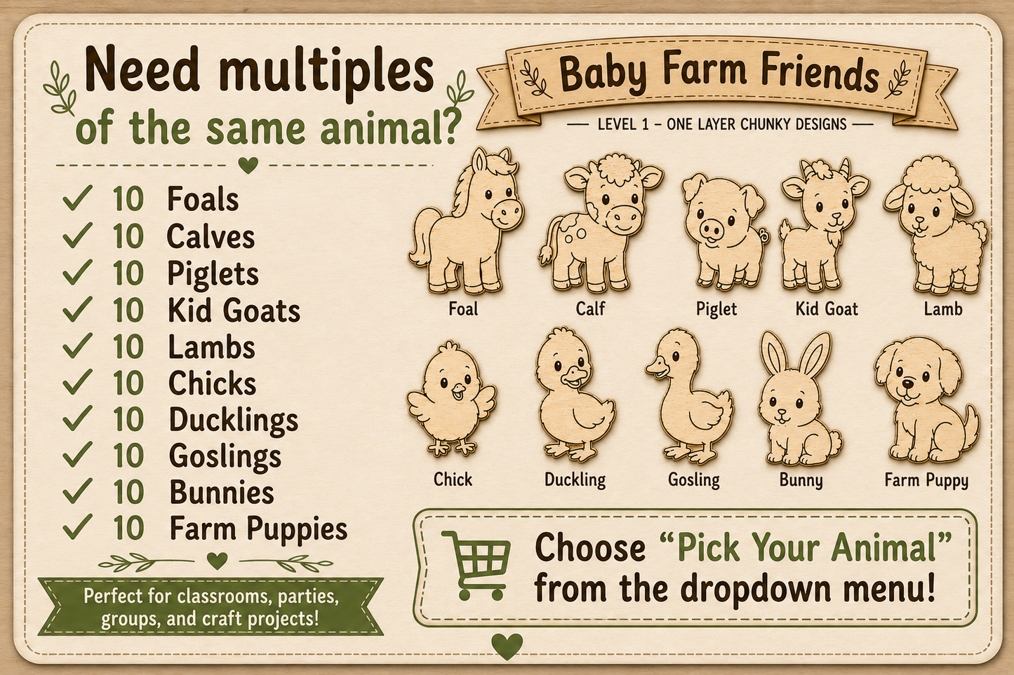 Baby Farm Friends Wood Craft Kit | Unfinished Wooden Farm Animals