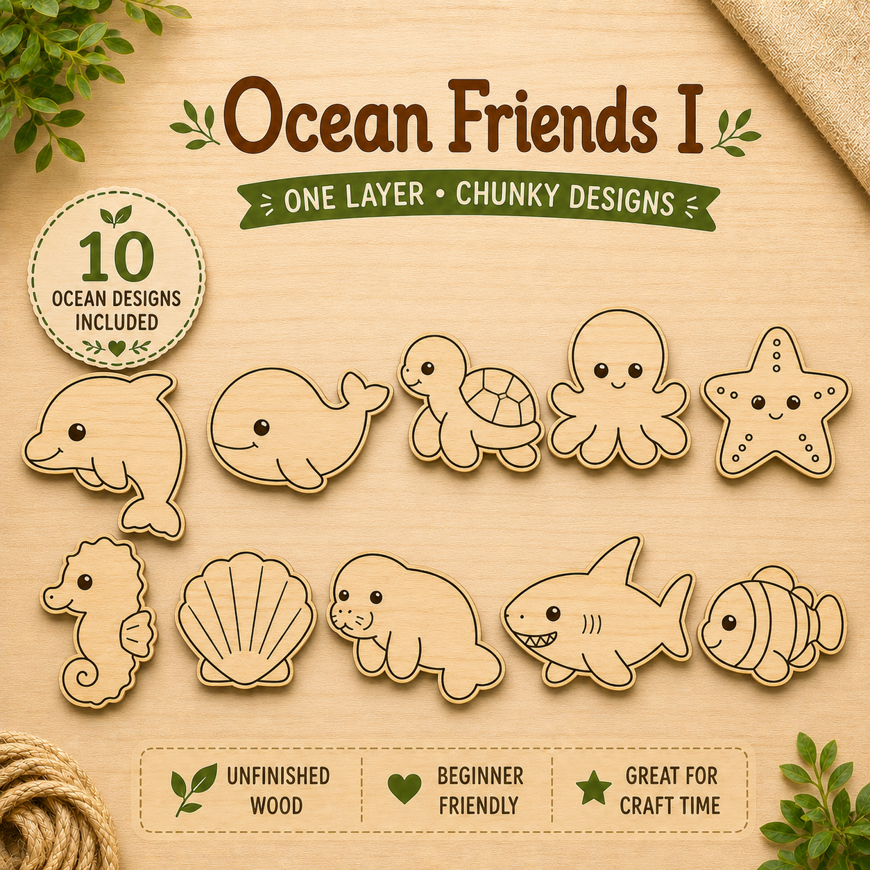 Ocean Friends I – Unfinished Wood Ocean Animal Set