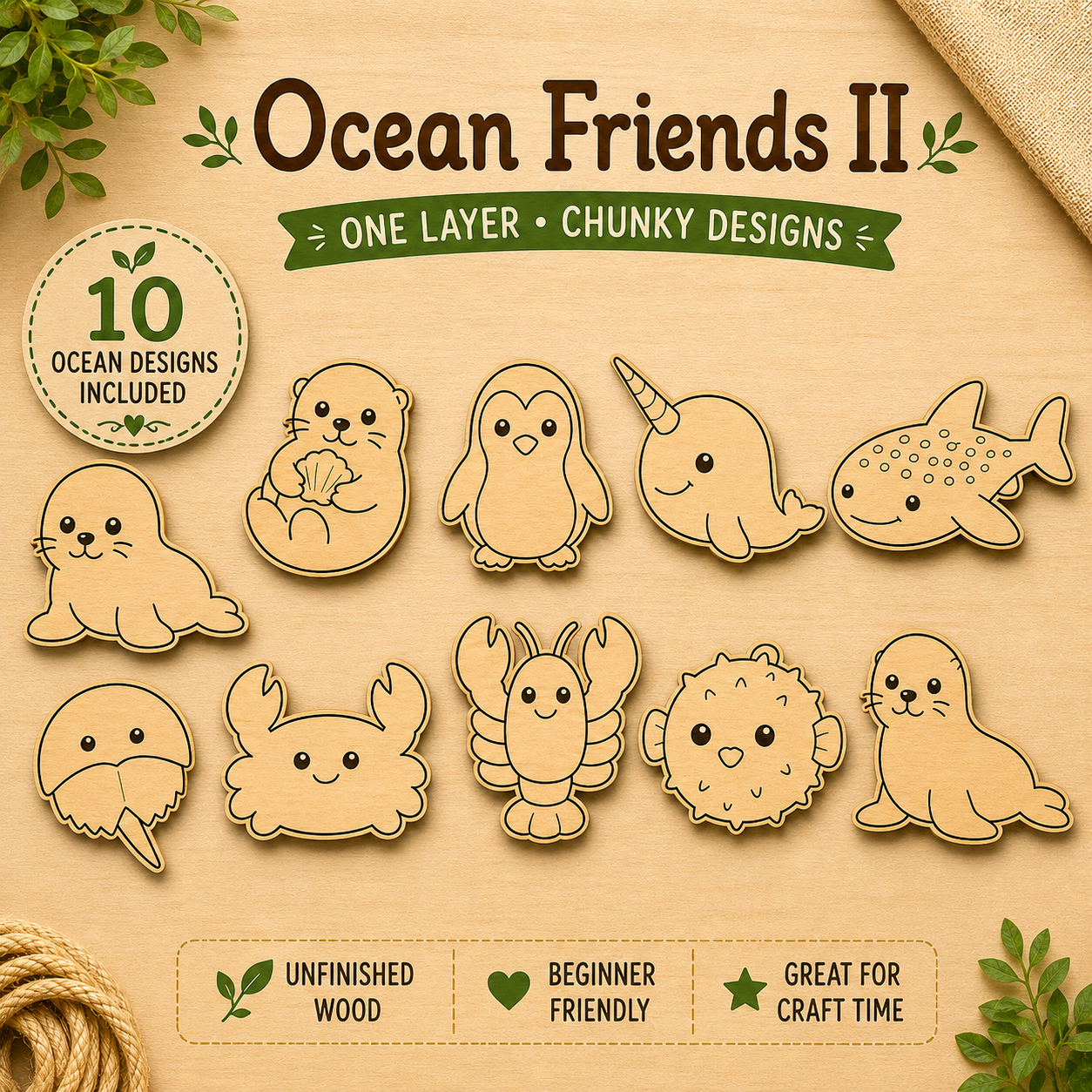 Ocean Friends II – Unfinished Wood Ocean Animal Set