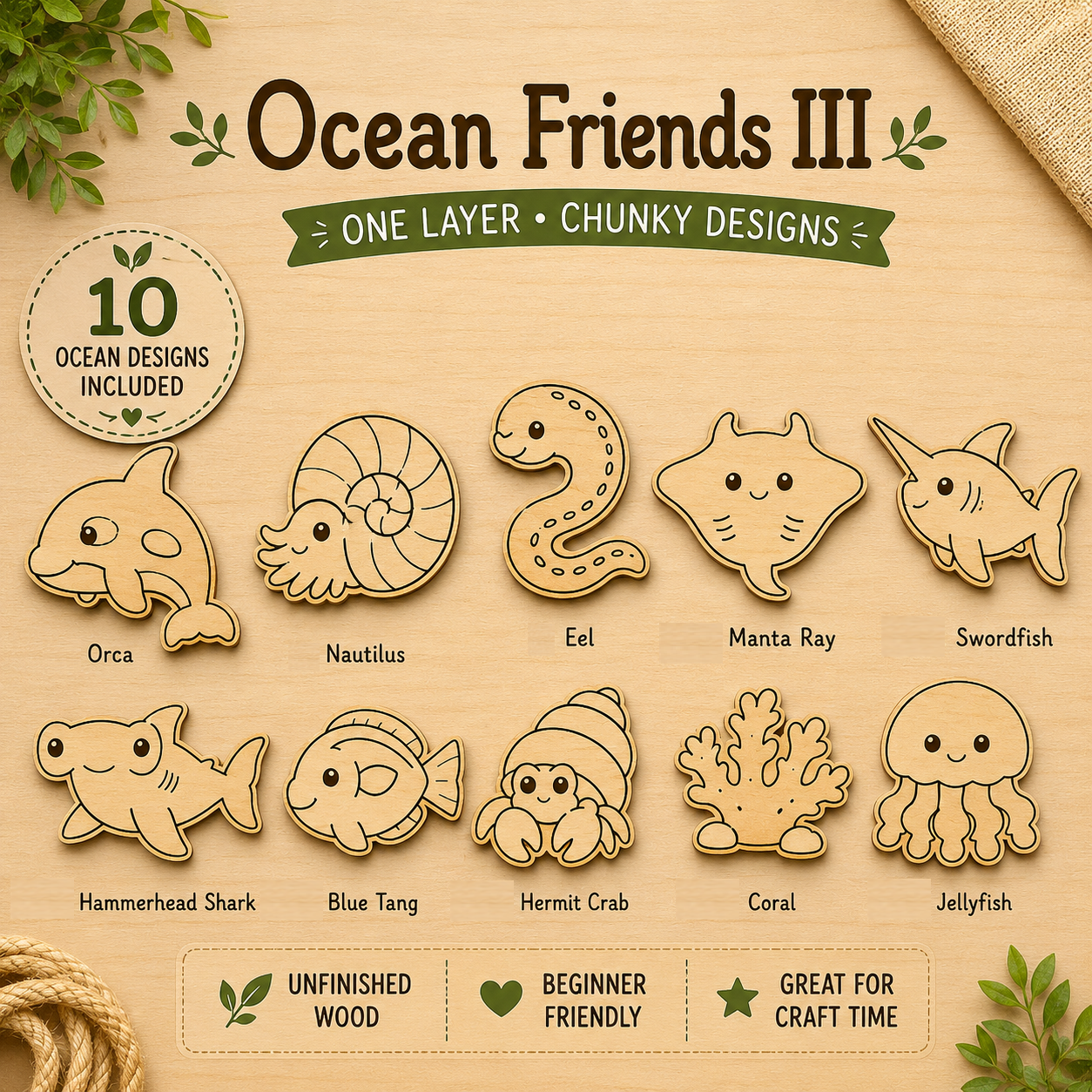Ocean Friends III – Unfinished Wood Ocean Animal Set