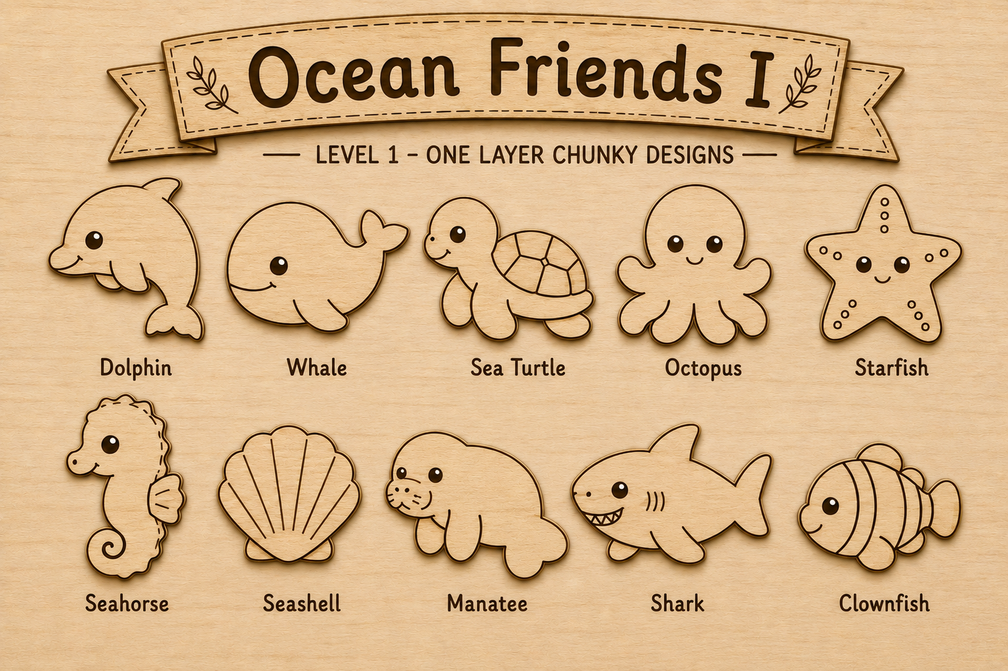 Ocean Friends I – Unfinished Wood Ocean Animal Set