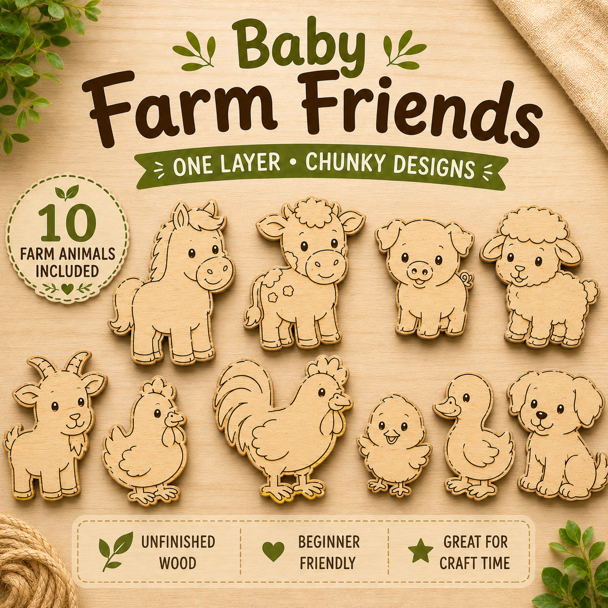 Baby Farm Friends Wood Craft Kit | Unfinished Wooden Farm Animals