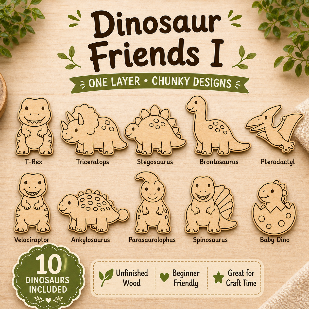 Dinosaur Friends I - Unfinished Wood Dinosaur Set