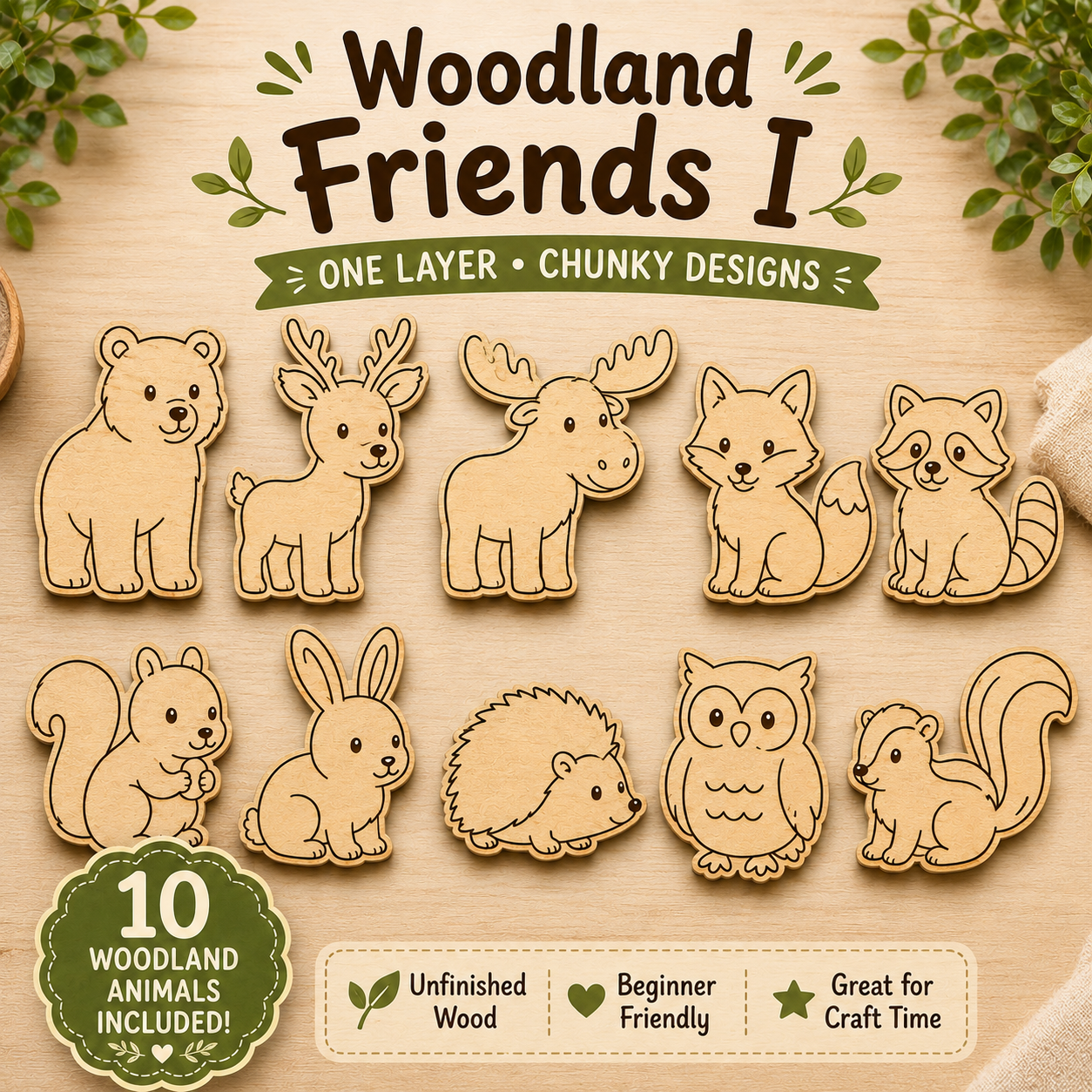 Woodland Friends I – Unfinished Wood Animal Set