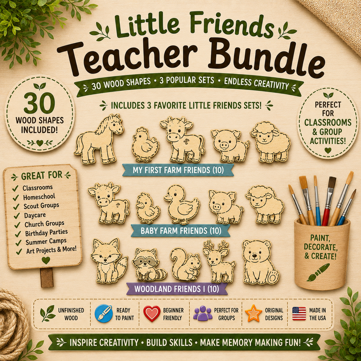 Little Friends Teacher Bundle – 30 Unfinished Wood Craft Shapes