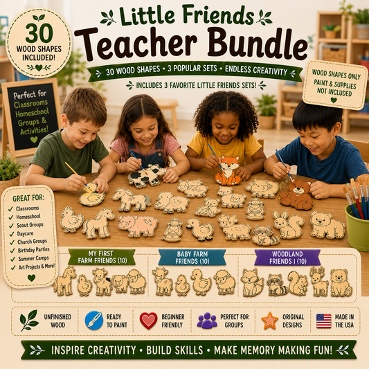 Little Friends Teacher Bundle – 30 Unfinished Wood Craft Shapes