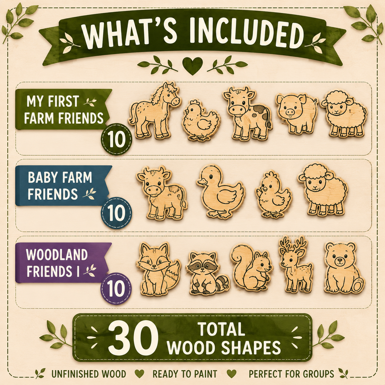 Little Friends Teacher Bundle – 30 Unfinished Wood Craft Shapes