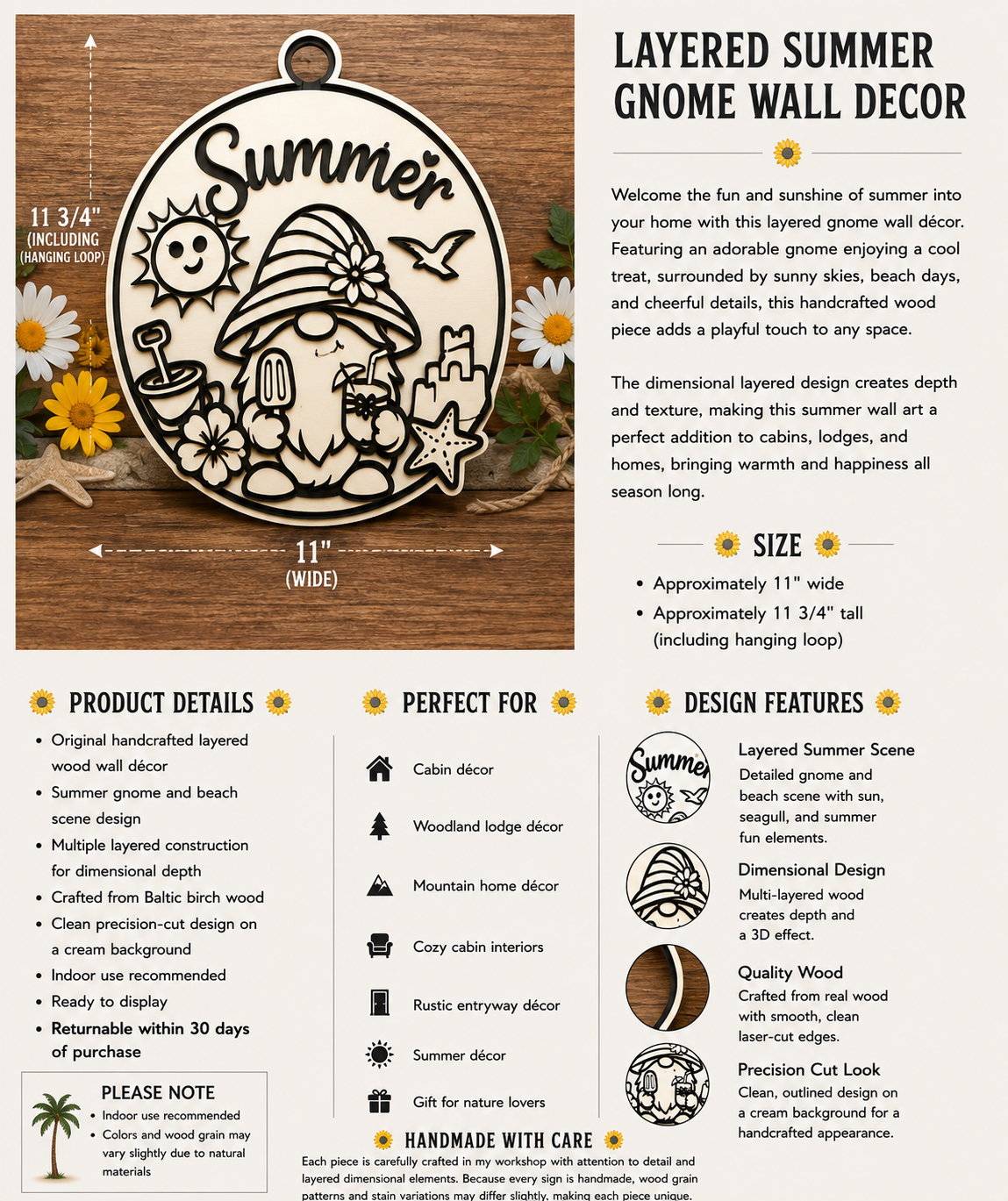 Summer Gnome Door Hanger | Cream & Black Farmhouse Gnome Sign | Layered Wood Summer Decor | Beach Gnome Wall Hanging | Frontier Treasure Original