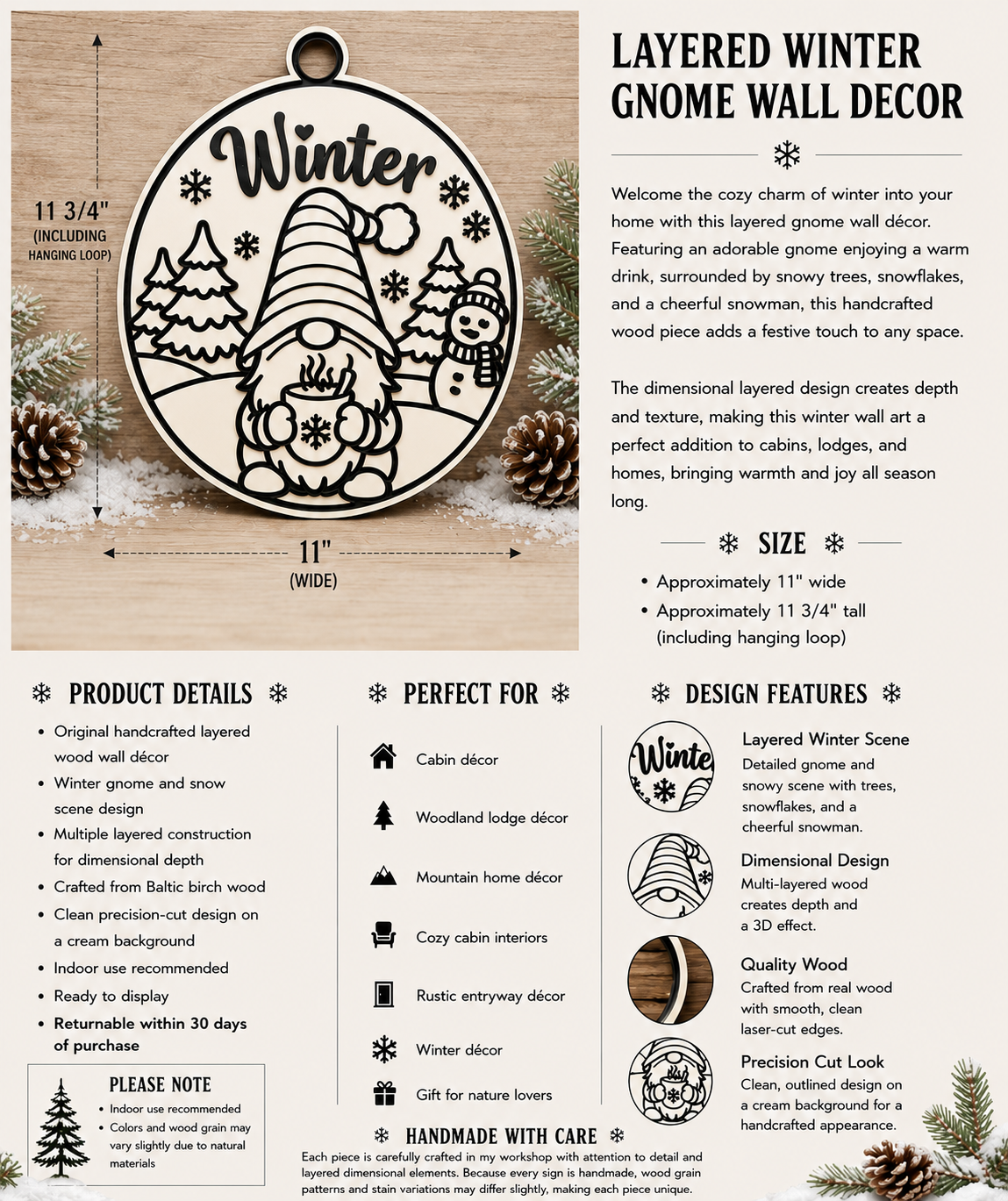 Winter Gnome Door Hanger | Cream & Black Farmhouse Gnome Sign | Layered Wood Winter Decor | Rustic Snowy Wall Hanging | Frontier Treasure Original