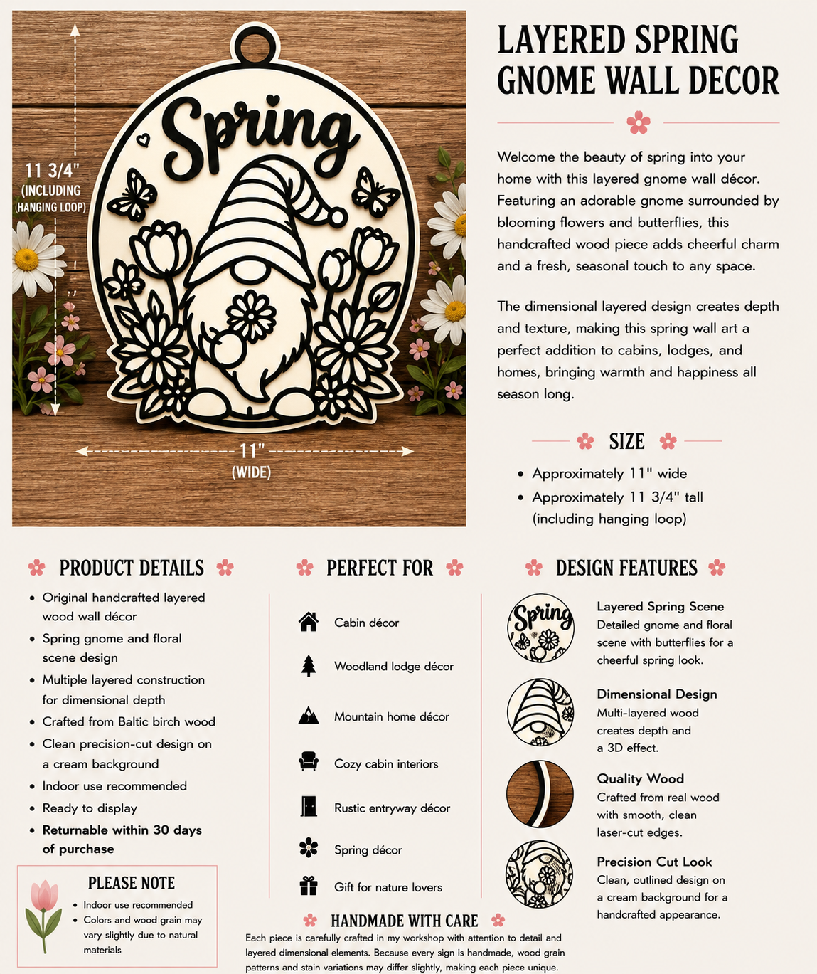 Spring Gnome Door Hanger | Cream & Black Farmhouse Gnome Sign | Layered Wood Spring Decor | Floral Front Door Hanger | Frontier Treasure Original