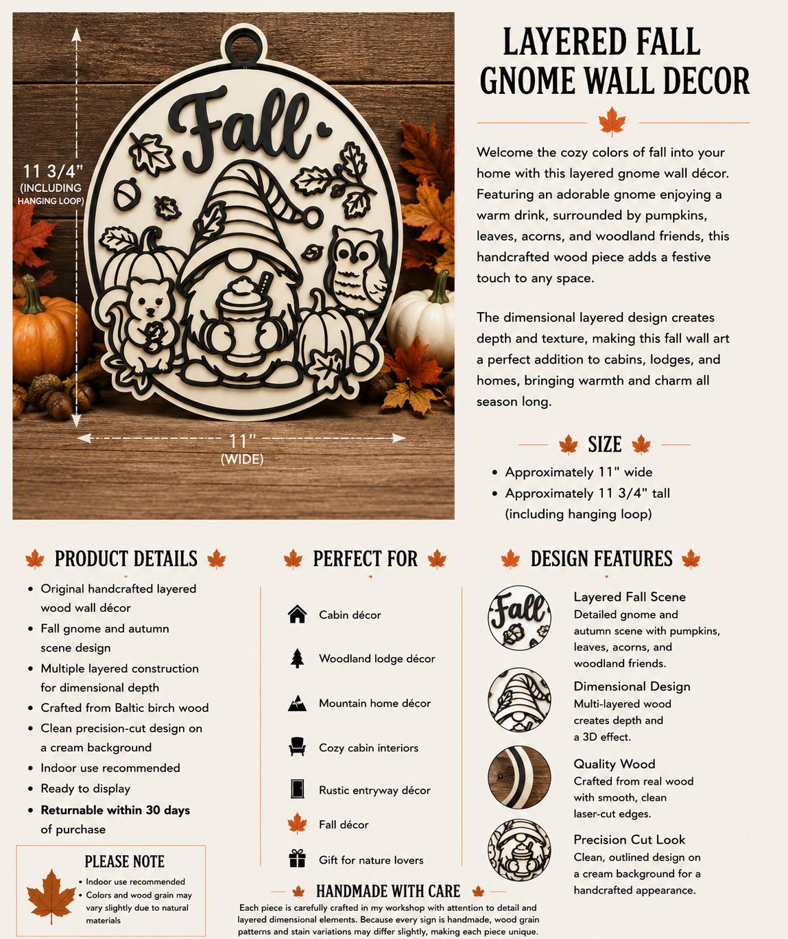 Fall Gnome Door Hanger | Cream & Black Farmhouse Gnome Sign | Layered Wood Fall Decor | Rustic Autumn Wall Hanging | Frontier Treasure Original
