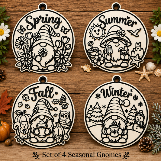 Seasonal Gnome Door Hanger Set | Set of 4 Farmhouse Gnome Signs | Spring Summer Fall Winter Wall Decor | Layered Wood Seasonal Decor | Frontier Treasure Original
