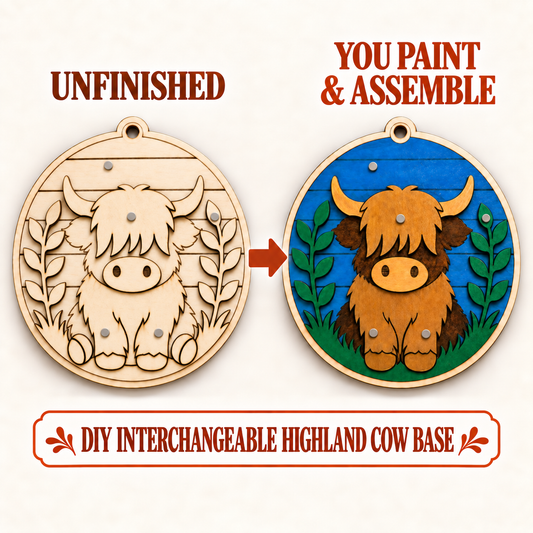 Highland Cow Interchangeable Base – Unfinished Wood DIY Craft