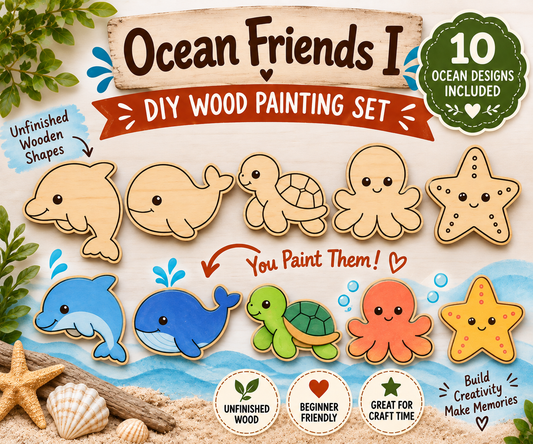 Ocean Friends I – Unfinished Wood Ocean Animal Set