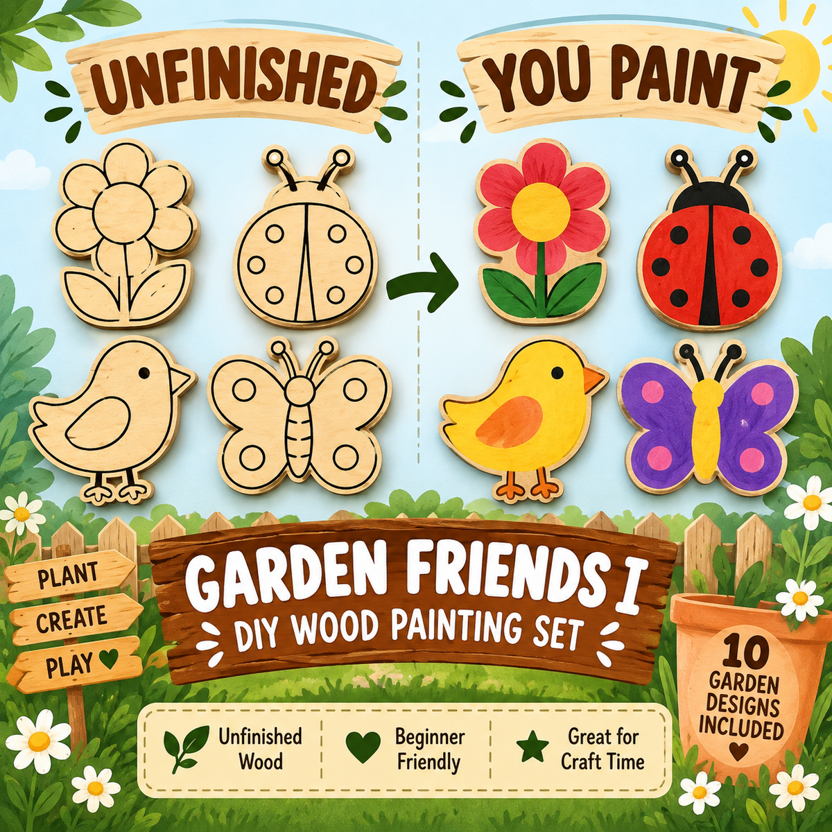 Garden Friends I – Unfinished Wood Garden Set