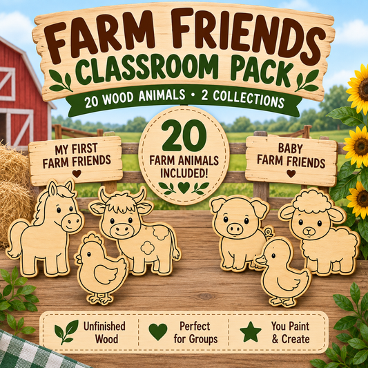 Farm Friends Classroom Pack | 20 Unfinished Wood Farm Animals