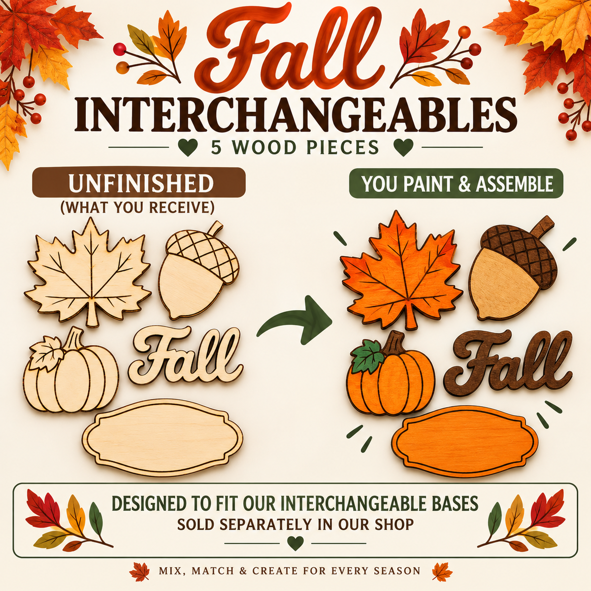 Fall Interchangeables – Unfinished Wood DIY Seasonal Set