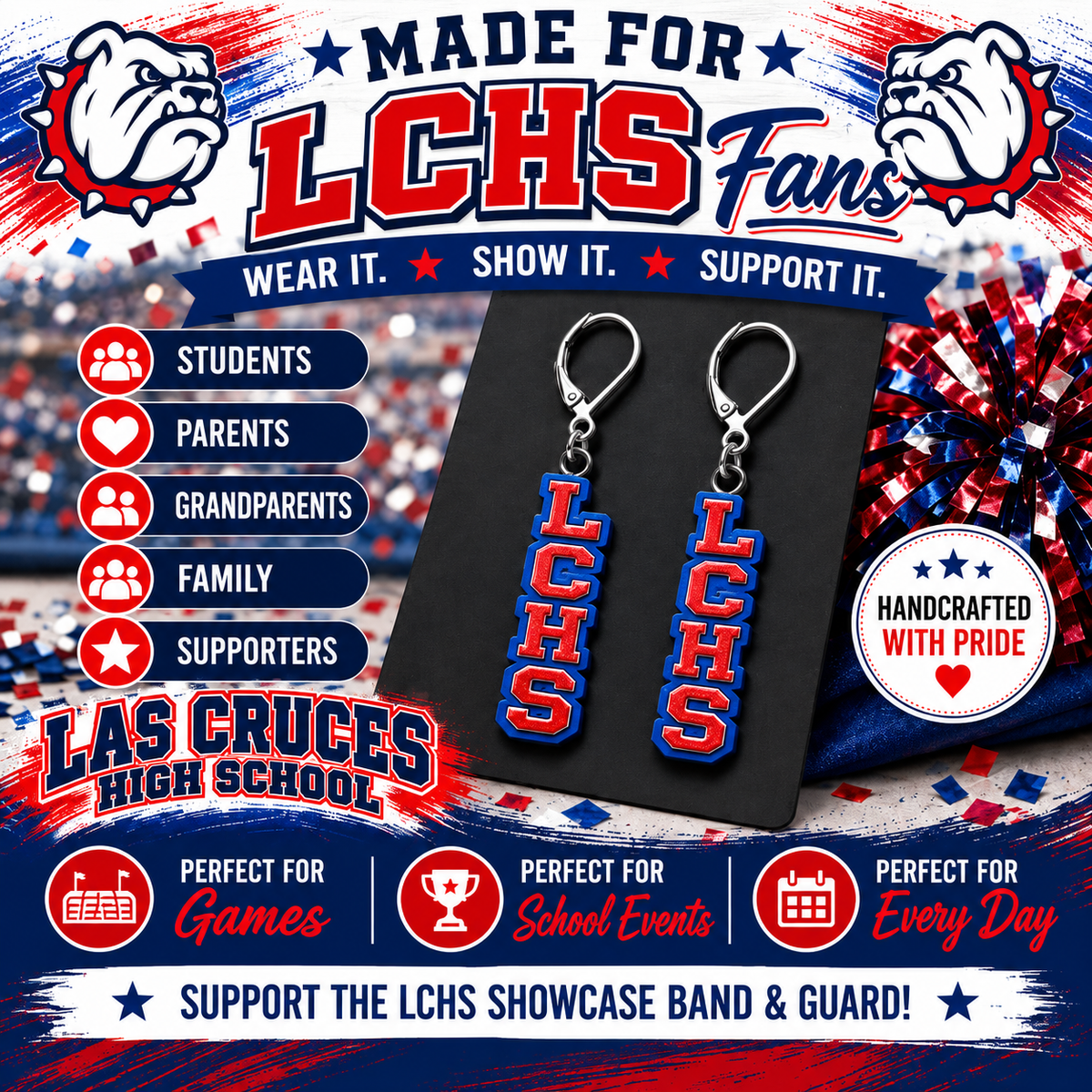 Las Cruces High School LCHS Earrings – Bulldawg Spirit Earrings – Showcase Band & Guard Fundraiser