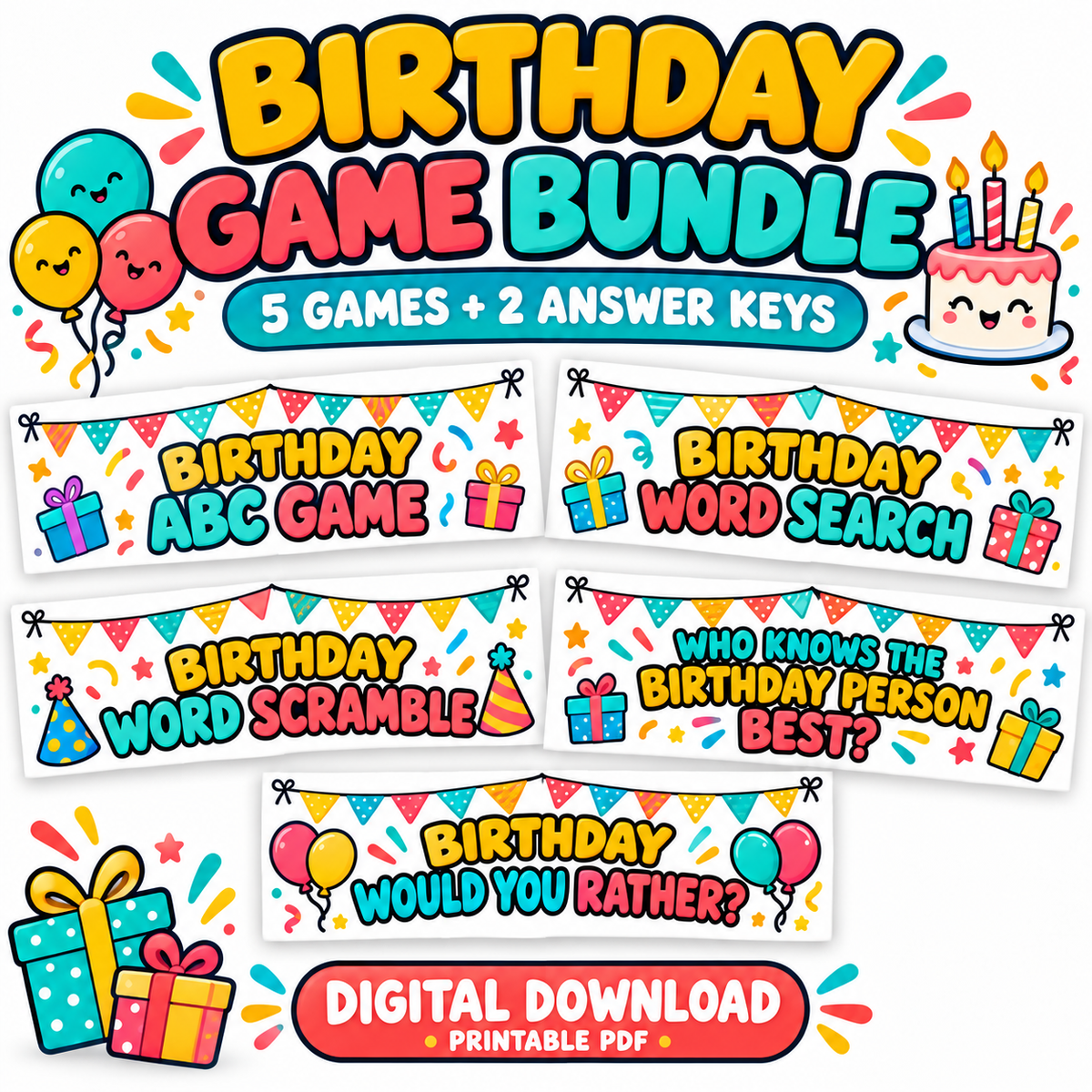 Kids Birthday Party Game Bundle – 5 Printable Games