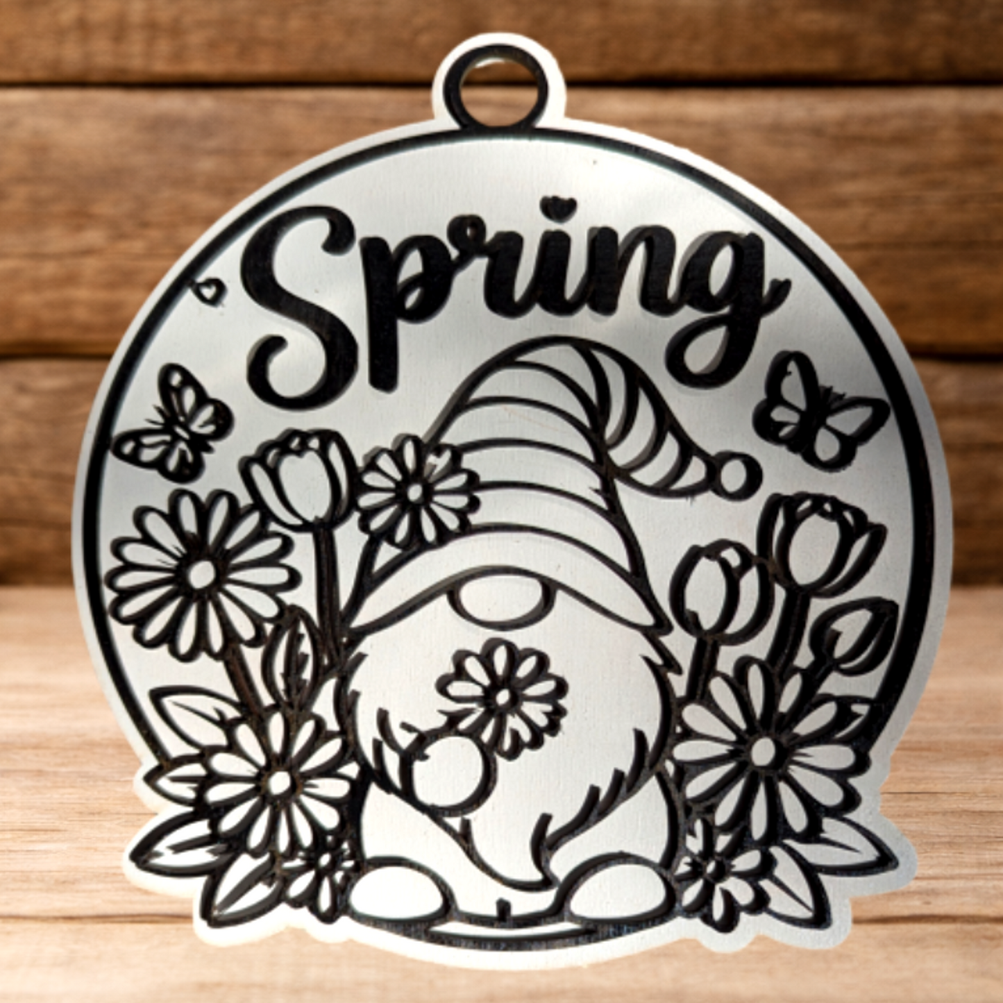 Spring Gnome Door Hanger | Cream & Black Farmhouse Gnome Sign | Layered Wood Spring Decor | Floral Front Door Hanger | Frontier Treasure Original