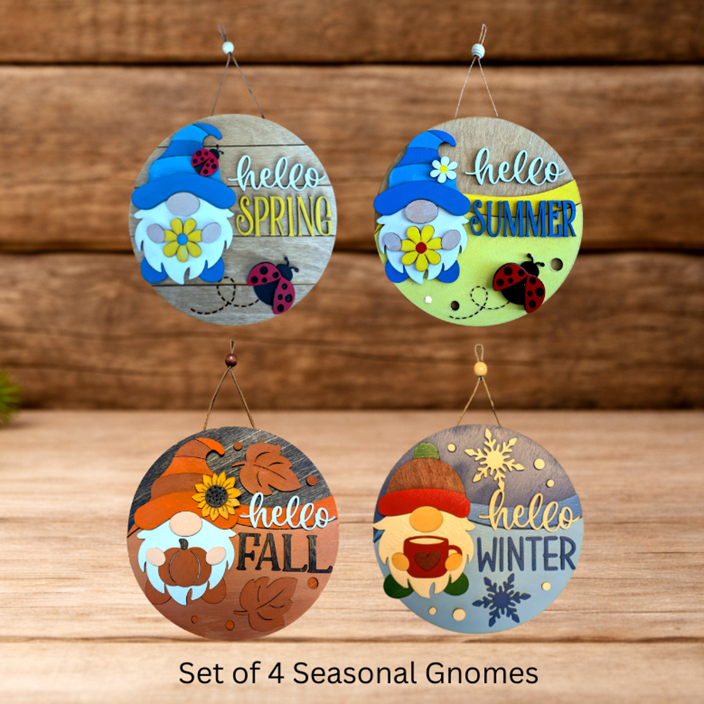 Seasonal Gnome Sign Set | Set of 4 Layered Wood Gnomes | Spring Summer Fall Winter Decor | Farmhouse Door Hangers