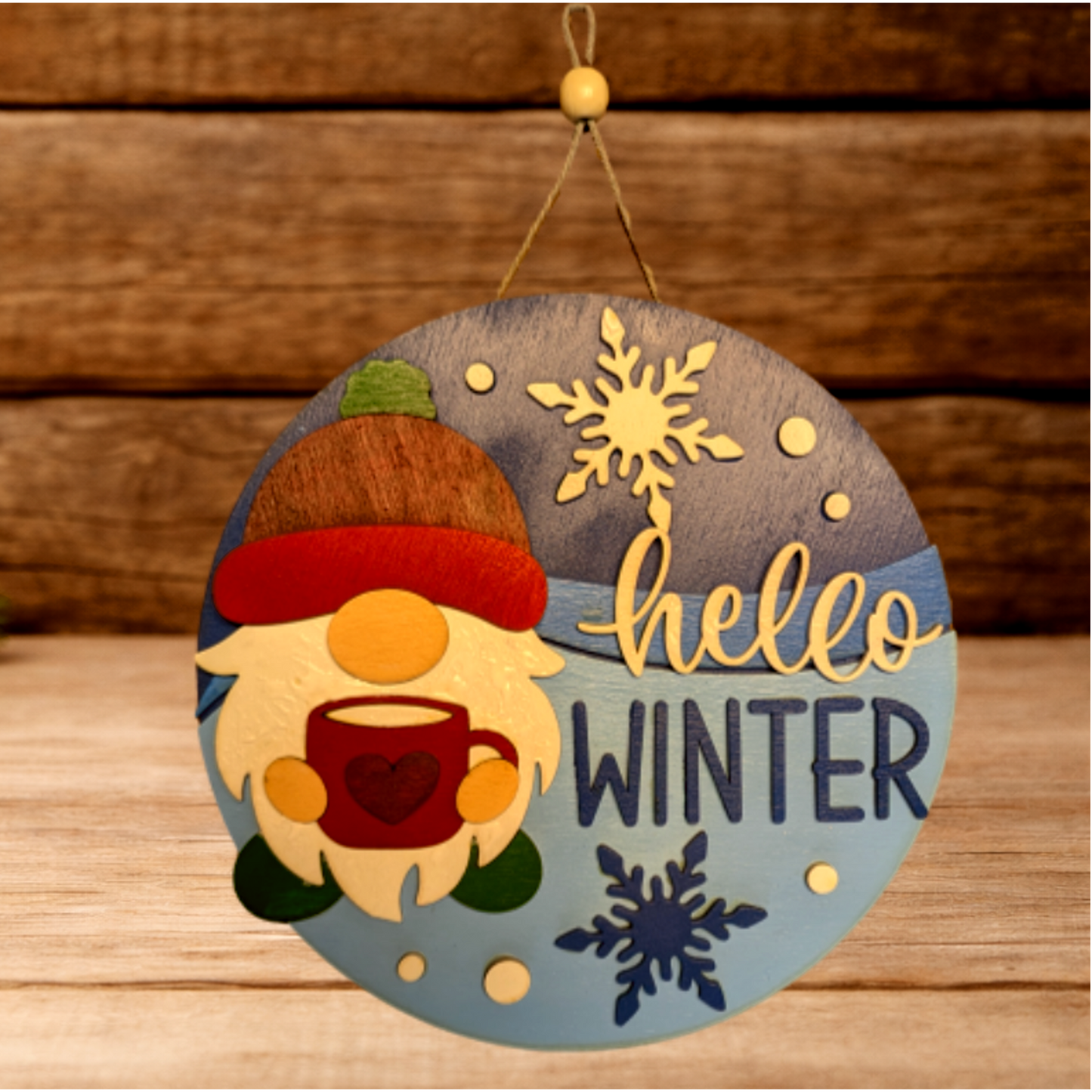 Hello Winter Gnome Sign – Rustic Farmhouse Winter Decor – Layered Wood Gnome Door Hanger – Seasonal Front Door Sign