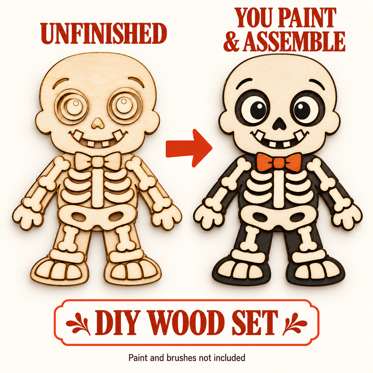 Friendly Skeleton DIY Wood Craft – Unfinished Layered Halloween Decor