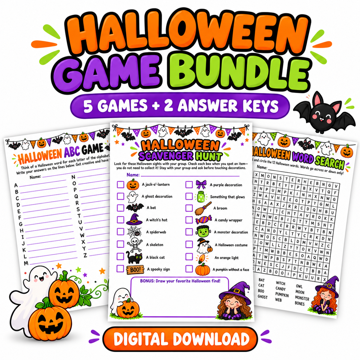 Halloween Printable Game Bundle – 5 Games + 2 Answer Keys