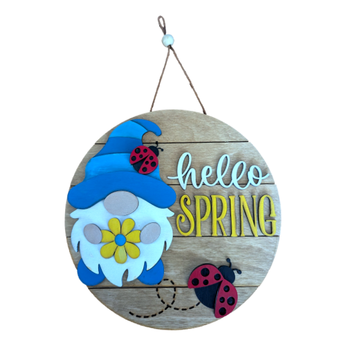 Hello Spring Gnome Sign – Rustic Farmhouse Spring Decor – Layered Wood Gnome Door Hanger – Seasonal Front Door Sign