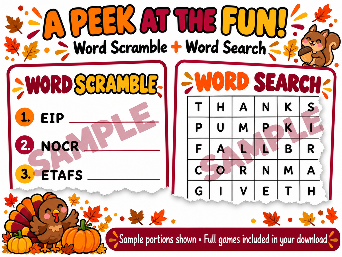 Thanksgiving Printable Games for Kids – 5-Game Bundle