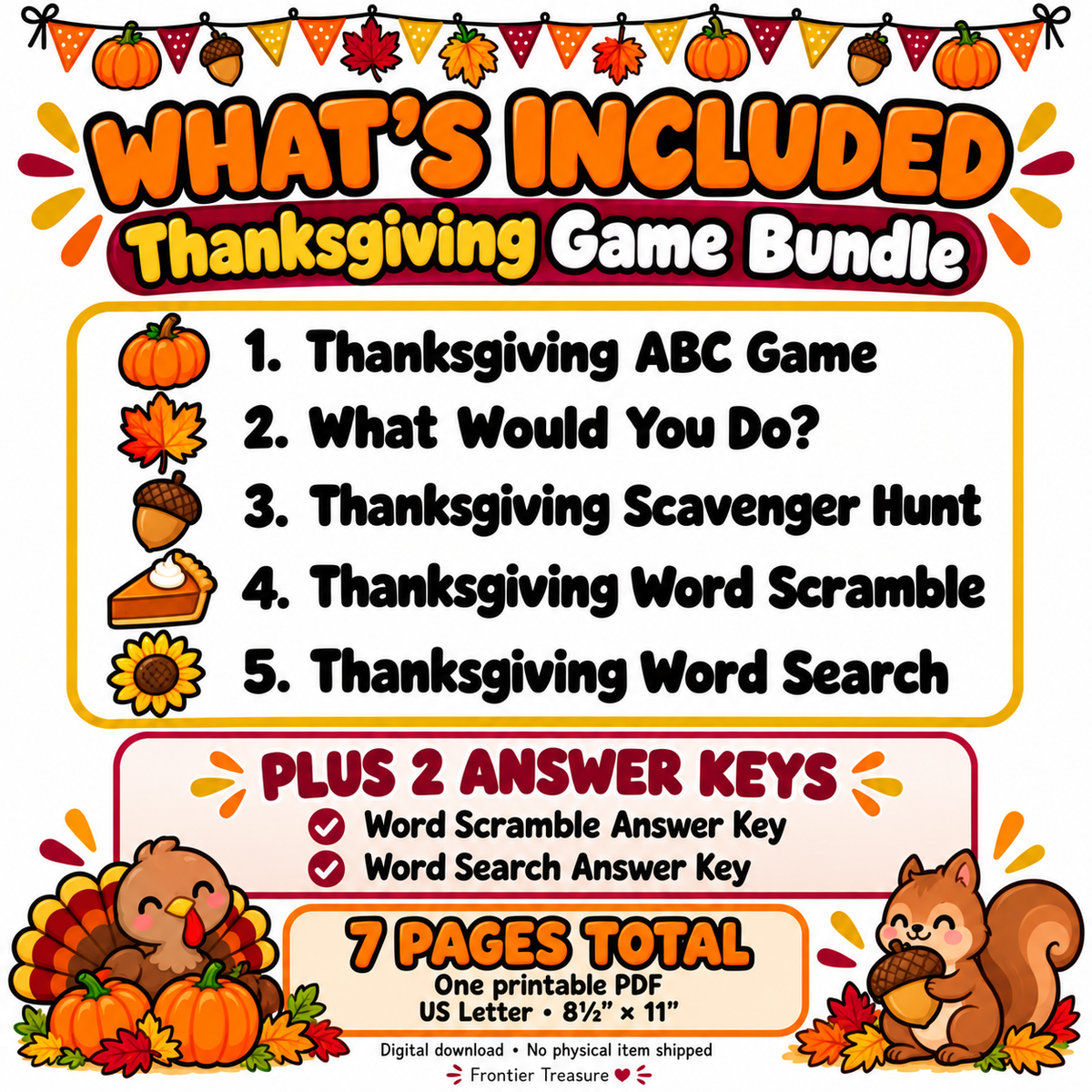 Thanksgiving Printable Games for Kids – 5-Game Bundle