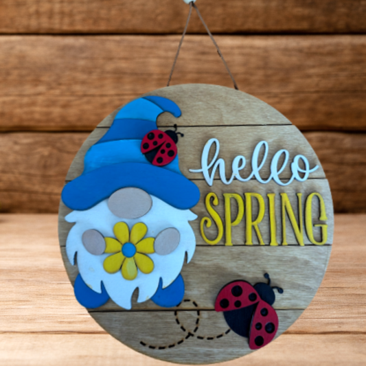Hello Spring Gnome Sign – Rustic Farmhouse Spring Decor – Layered Wood Gnome Door Hanger – Seasonal Front Door Sign