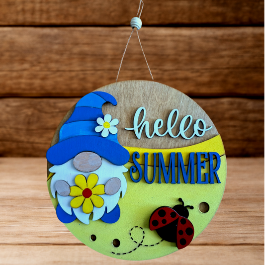 Hello Summer Gnome Sign – Rustic Farmhouse Summer Decor – Layered Wood Gnome Door Hanger – Seasonal Front Door Sign