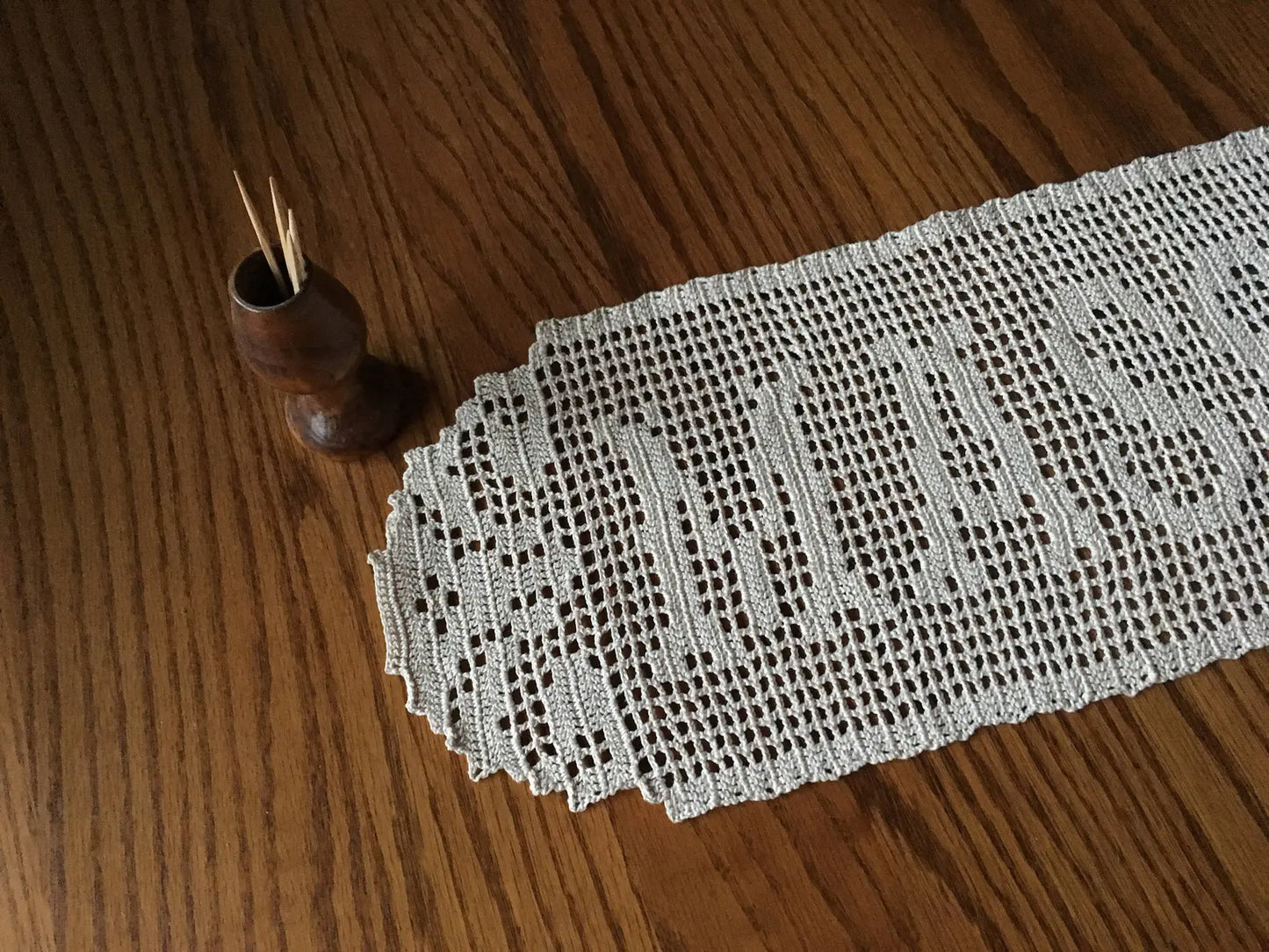 Personalized Crochet Name Doily – Handmade Filet Lace Table Runner