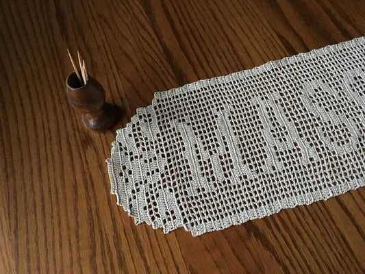 Personalized Crochet Name Doily – Handmade Filet Lace Table Runner