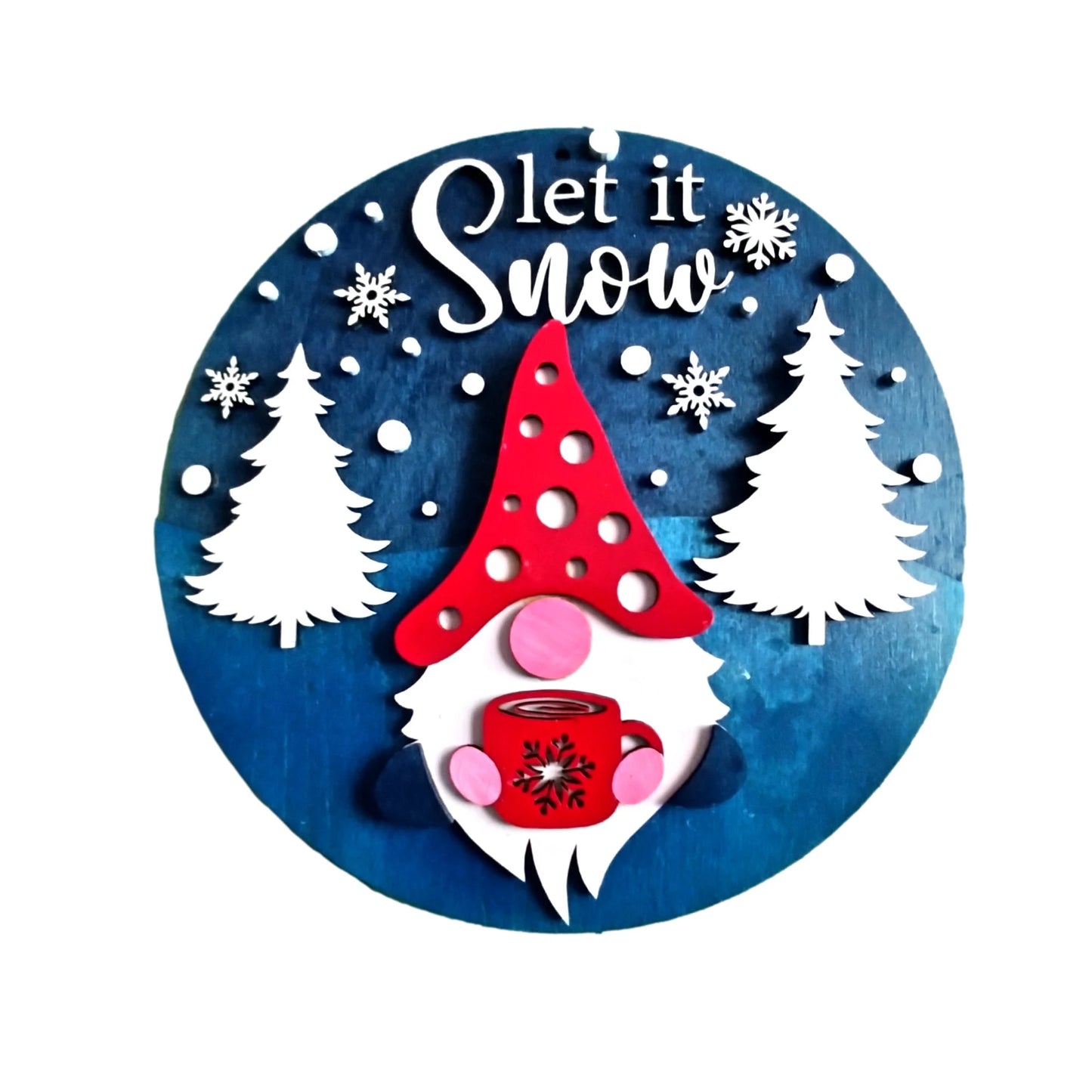 Let It Snow Gnome Sign | Winter Gnome Wall Decor | Layered Wood Farmhouse Winter Sign | Rustic Snowflake Decor | Round Gnome Door Hanger