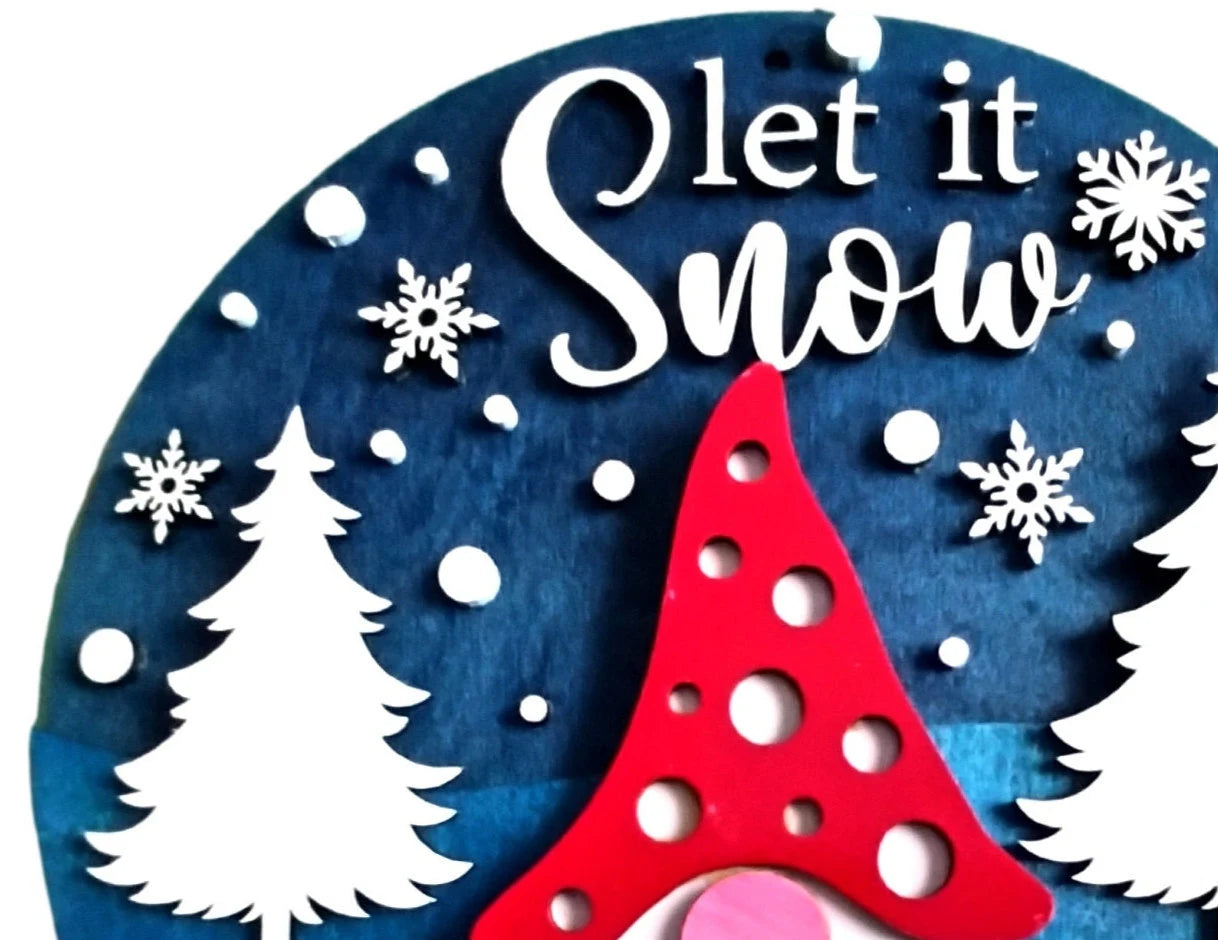 Let It Snow Gnome Sign | Winter Gnome Wall Decor | Layered Wood Farmhouse Winter Sign | Rustic Snowflake Decor | Round Gnome Door Hanger