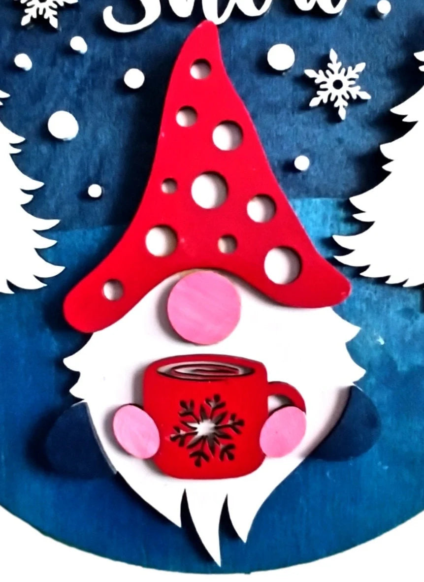Let It Snow Gnome Sign | Winter Gnome Wall Decor | Layered Wood Farmhouse Winter Sign | Rustic Snowflake Decor | Round Gnome Door Hanger